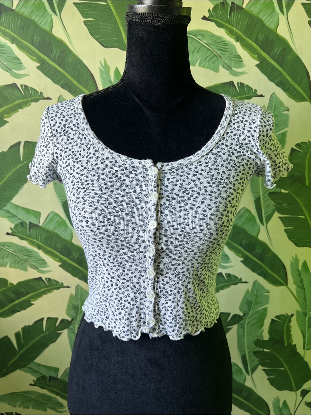 Brandy Melville floral zelly crop top White Blue Button Front One Size